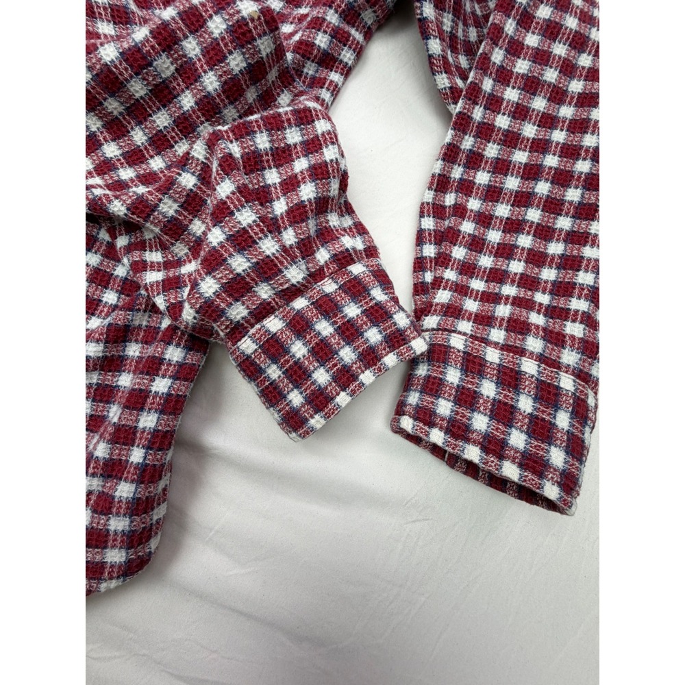 Vintage Red Gingham Waffle Texture Button Down Shirt Denim Collar Cotton Nepal M - Picture 9 of 10